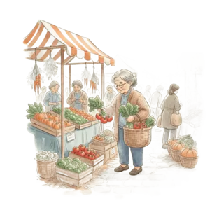 Tranh minh hoạ: chợ nông sản